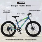 Vélo Okak 24 pouces Fat Tire avec suspension avant, VTT 7 vitesses avec frein à disque et cadre en acier à haute teneur en carbone, Vélo de randonnée pour les trajets quotidiens