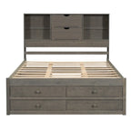 Lit moderne queen size gris en bois avec tête de lit de rangement et 8 tiroirs