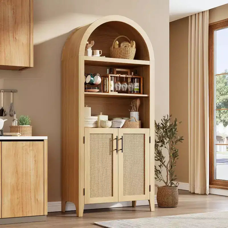 Acekool Armoire de cuisine bombée avec portes en rotin, meuble de rangement de ferme à 5 niveaux pour cuisine, salle à manger, salon