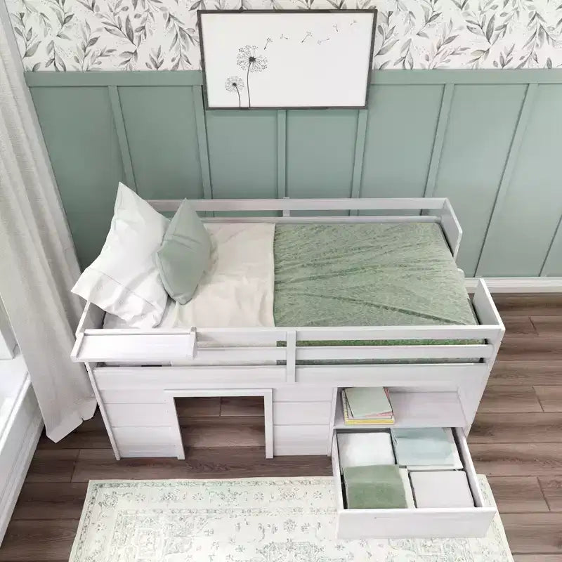 Lit mezzanine bas Max & Lily Modern Farmhouse avec tiroir de rangement, lit en bois massif pour enfants