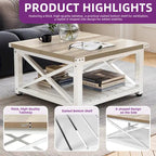 Table basse carrée à plateau relevable Moasis Farmhouse avec étagère de rangement pour salon