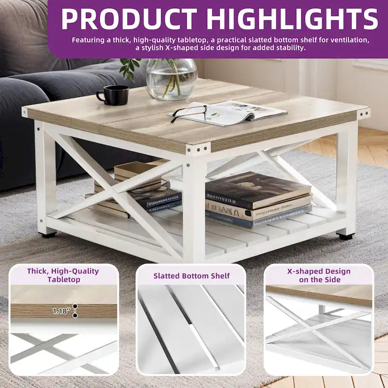 Table basse carrée à plateau relevable Moasis Farmhouse avec étagère de rangement pour salon