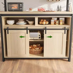 Îlot de cuisine, étagère de boulanger avec porte de grange coulissante, grand îlot de cuisine de 107 cm avec support à micro-ondes à 3 niveaux, étagères pour four et table de coin café