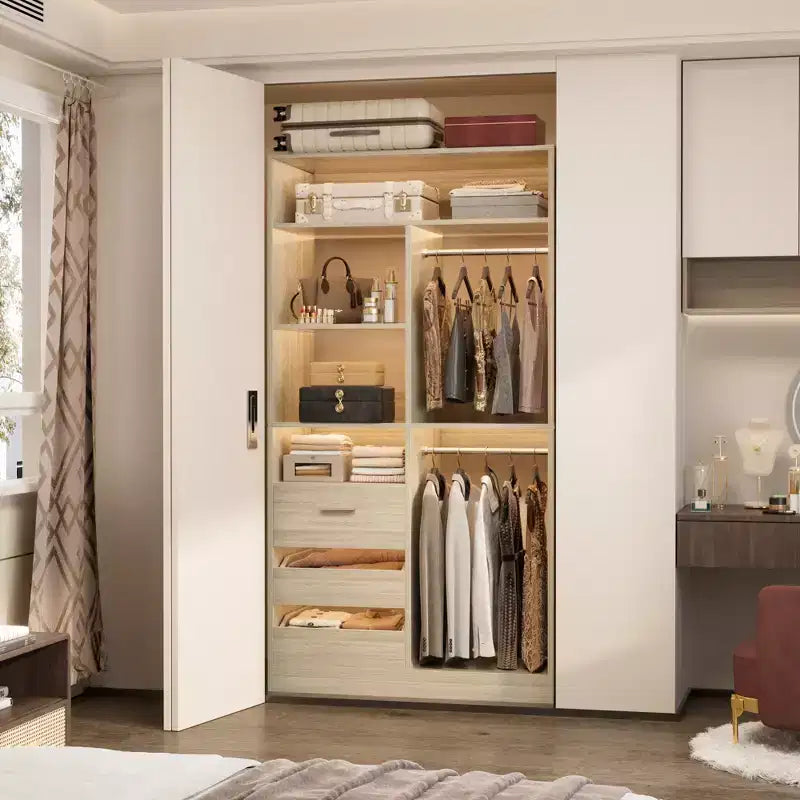 Organisateur de placard avec tiroirs en bois, système de rangement autoportant avec tringles de suspension