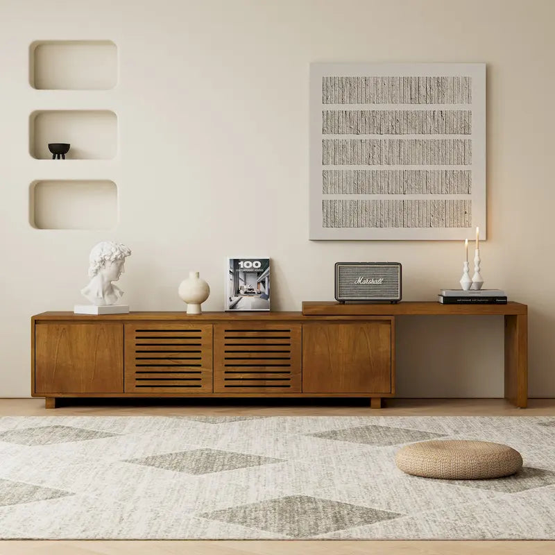 Meuble TV extensible style Mid-Century avec 4 armoires de rangement et porte ajourée pour meuble TV de salon