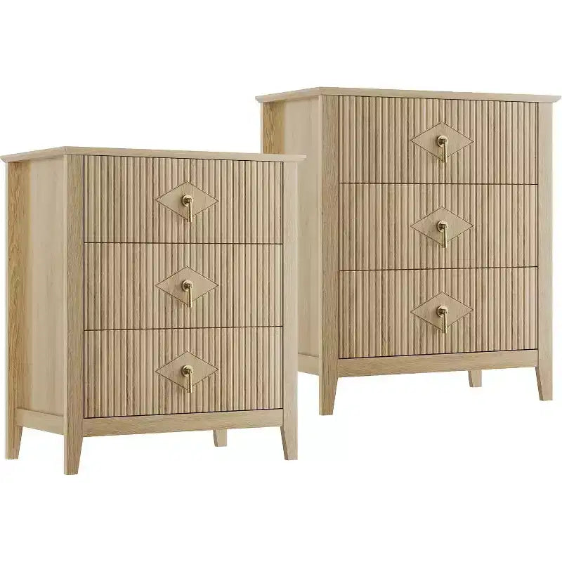 2 tables de chevet cannelées en bois, commode à 3 tiroirs de 69,85 cm de large, tables de nuit modernes, commode de chambre à coucher, salon