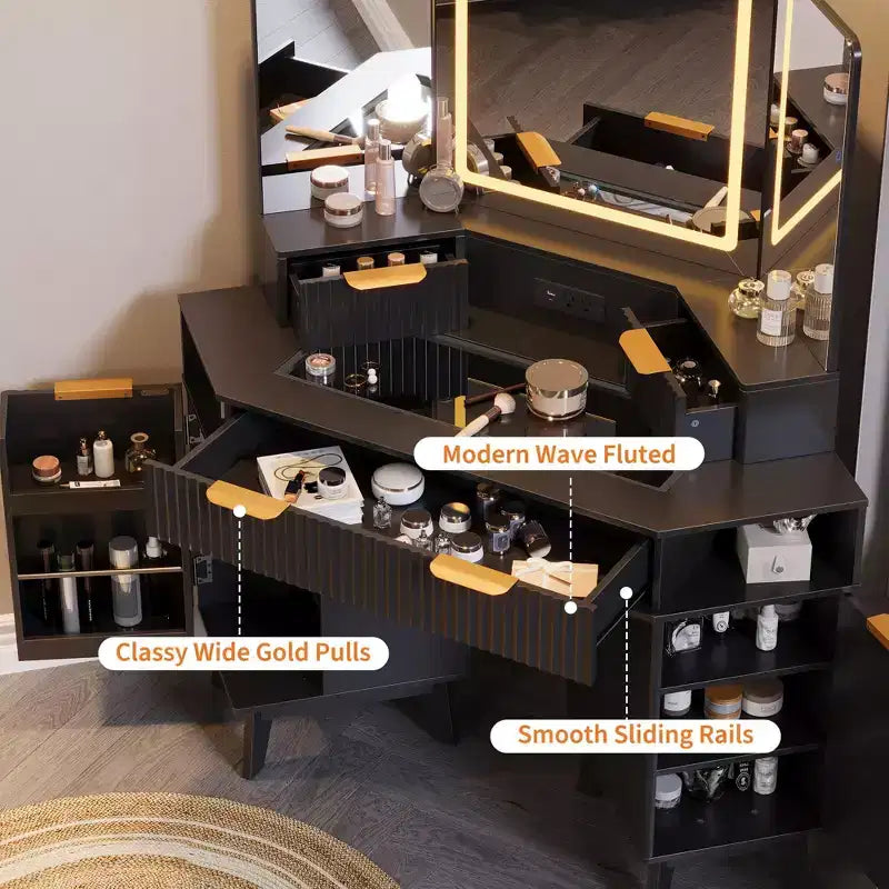 Coiffeuse d'angle 47 po avec miroir et lumière, table de maquillage en bois avec plateau en verre et station de charge, coiffeuse pour chambre à coucher