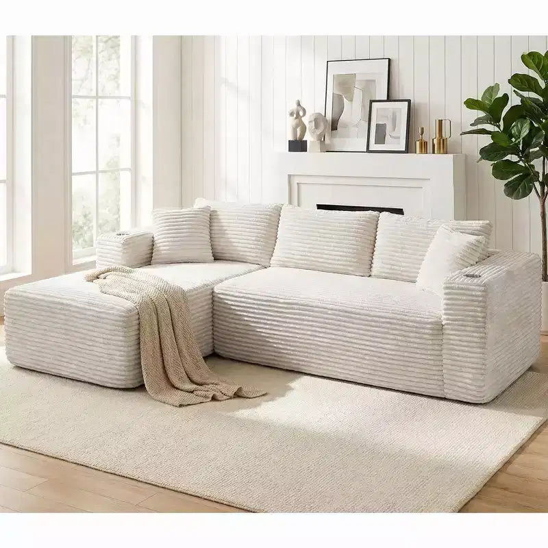 Celebalcony Canapé modulaire sans os 103, chaise longue en forme de L avec 2 porte-gobelets, canapés nuages moelleux en velours côtelé pour salon, aucun assemblage requis