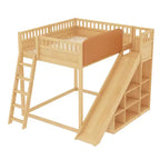 Lit mezzanine Bellemave avec tête de lit rembourrée et étagères de rangement, cadre de lit mezzanine en bois massif avec échelle et toboggan pour enfants