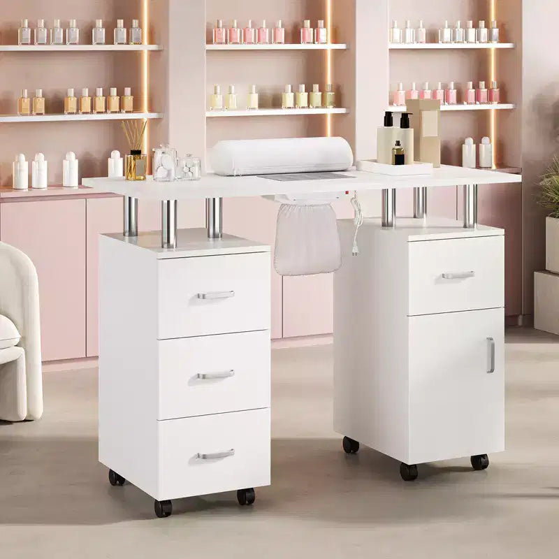 Table de manucure avec collecteur de poussière, roulettes verrouillables, repose-poignet et rangement pour la maison, les prothésistes ongulaires et les salons de beauté