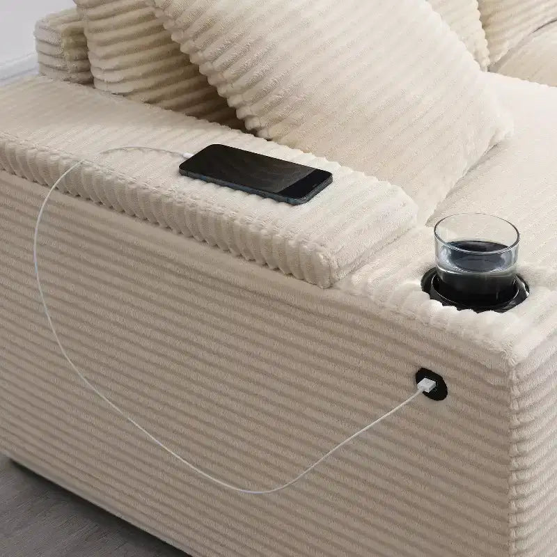Canapé d'angle modulable en velours côtelé 106 avec accoudoir, rangement, porte-gobelets, chargeur USB et canapé modulaire surdimensionné confortable