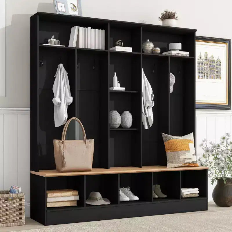 Meuble d'entrée large CLIHOME avec banc de rangement, armoire à chaussures minimaliste avec cubes de rangement et étagères