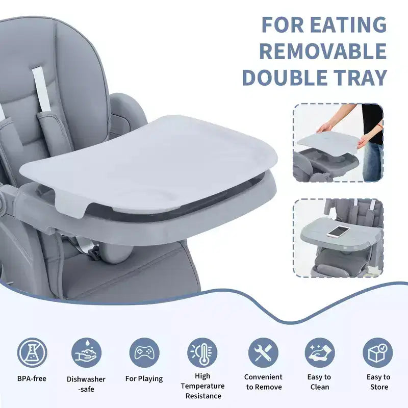 Chaise haute pliable pour bébés et tout-petits, chaise haute en cuir PU avec dossier réglable, hauteur d'assise, plateau amovible, harnais de sécurité 5 points et roues verrouillables