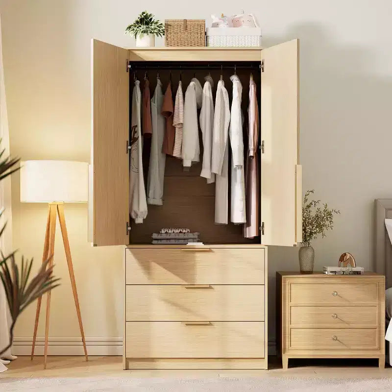 Armoire 2 portes avec 3 tiroirs et tringle de penderie