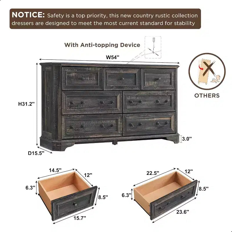 Commode 7 tiroirs de 54 po pour chambre à coucher, coffre de rangement rustique vintage pour salon et couloir