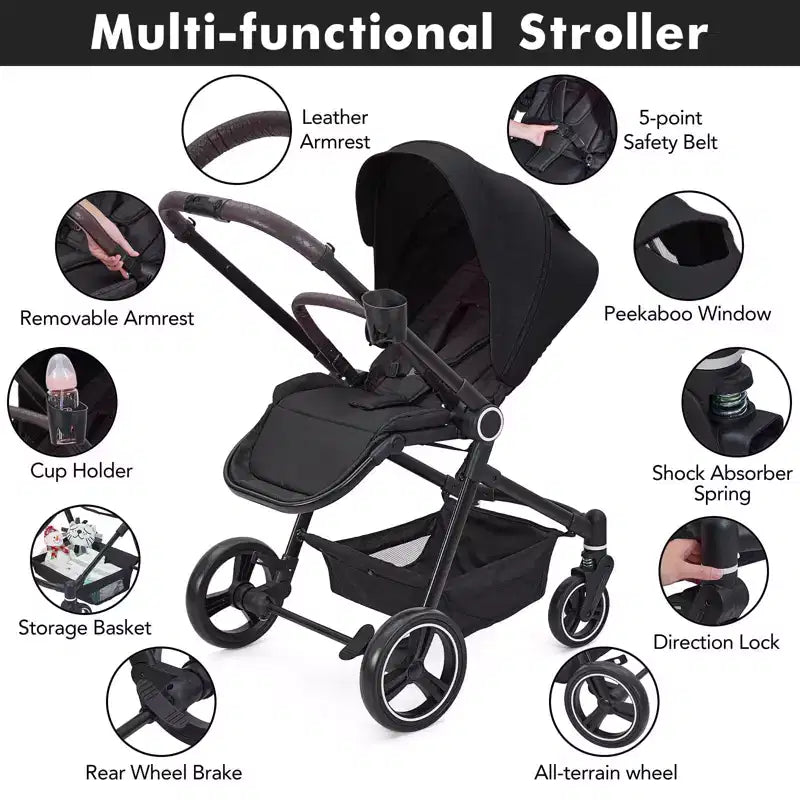 Poussette Bébé, Poussette Pliante - Poussette Haute pour Nouveau-né et Tout-petit, Landau Convertible avec Dossier Réversible