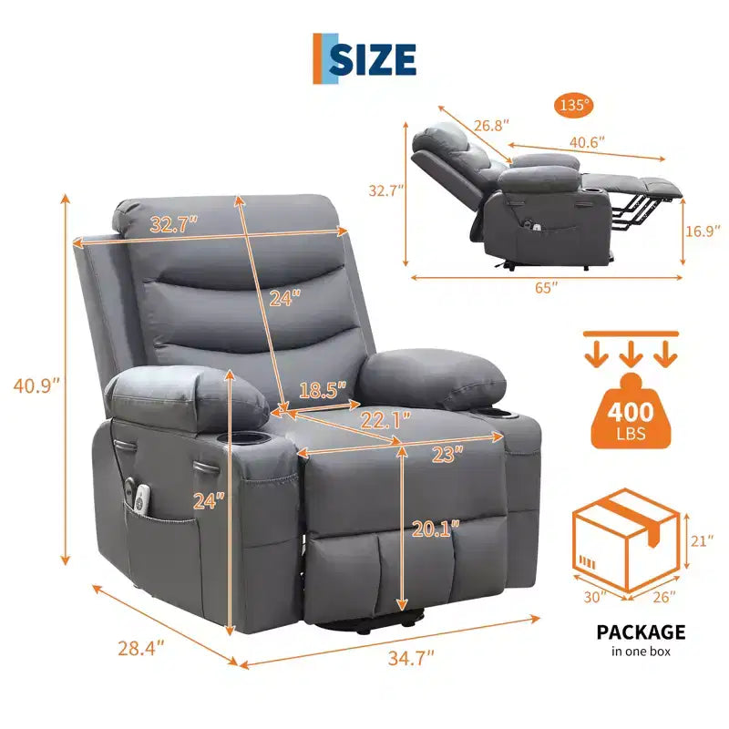 Fauteuil inclinable releveur avec massage et chauffage, fauteuils inclinables électriques surdimensionnés, siège de cinéma maison avec 2 porte-gobelets latéraux, fauteuil simple inclinable à bascule