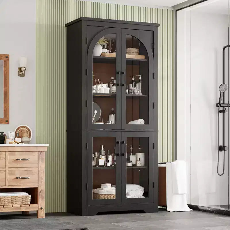 Meuble de rangement de cuisine de 178 cm, buffet moderne avec 4 portes vitrées cintrées et étagères réglables, pour cuisine, salon, salle à manger, salle de bain
