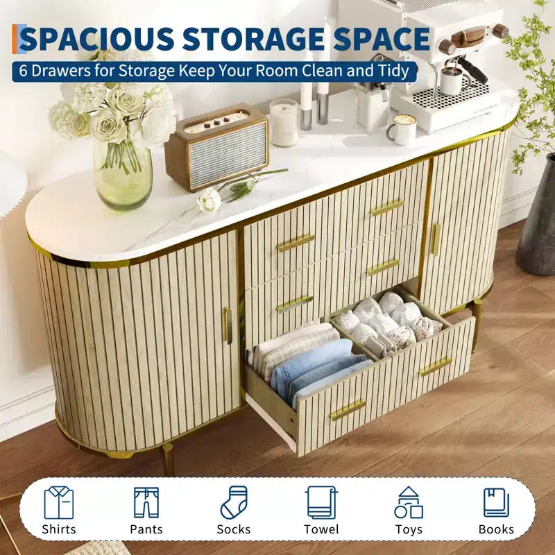 Buffet bas de ferme cannelé de 150 cm, meuble TV avec 6 tiroirs et 2 portes coulissantes, meuble de rangement polyvalent pour salon