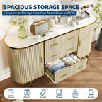 Buffet bas de ferme cannelé de 150 cm, meuble TV avec 6 tiroirs et 2 portes coulissantes, meuble de rangement polyvalent pour salon