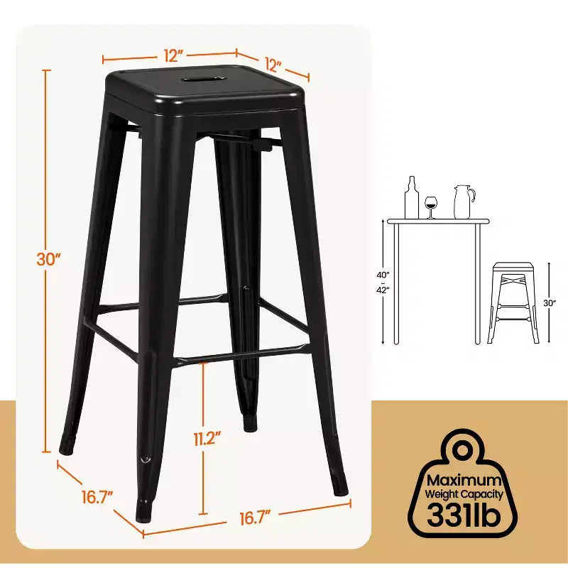 Yaheetech Lot de 4 Tabourets de Bar en Métal sans Dossier Hauteur Comptoir Chaises Empilables