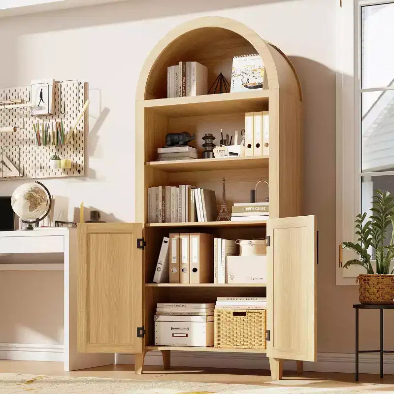 Acekool Armoire de cuisine bombée avec portes en rotin, meuble de rangement de ferme à 5 niveaux pour cuisine, salle à manger, salon