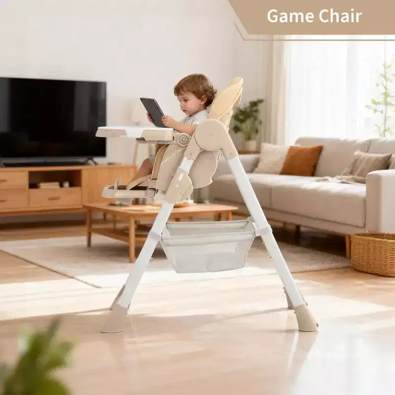 Chaise haute pliable pour bébés et tout-petits, chaise haute en cuir PU avec dossier réglable, hauteur d'assise, plateau amovible, harnais de sécurité 5 points et roues verrouillables