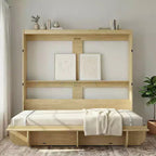 Lit escamotable 2-en-1 invisible Murphy avec étagères de rangement, Grand lit (Queen), Bois naturel (Matelas non inclus)