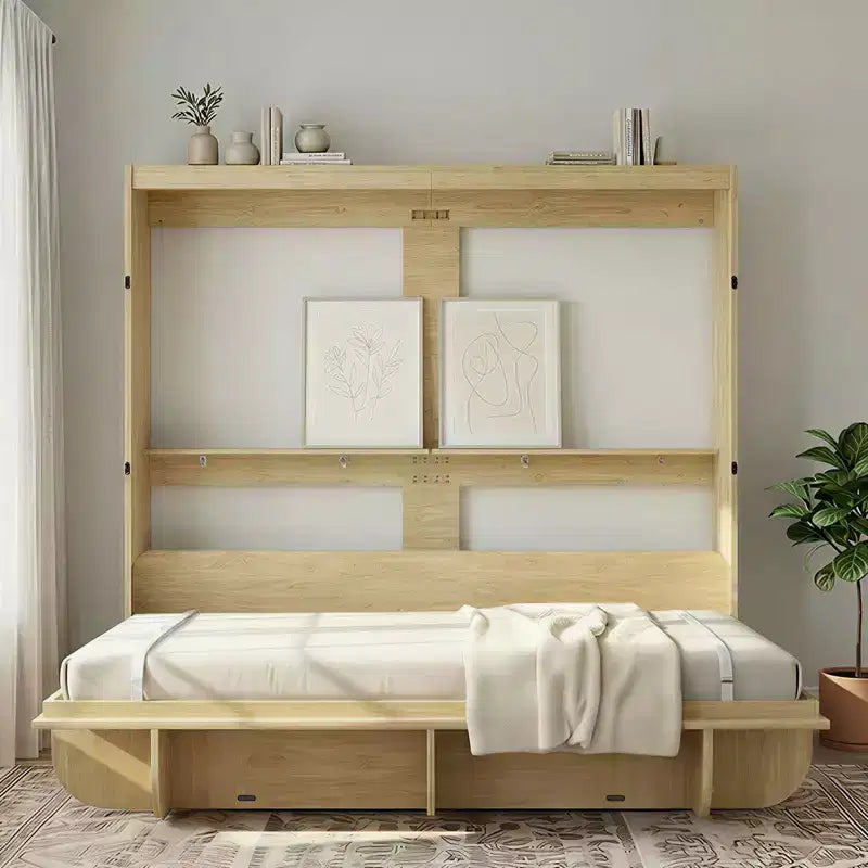 Lit escamotable 2-en-1 invisible Murphy avec étagères de rangement, Grand lit (Queen), Bois naturel (Matelas non inclus)