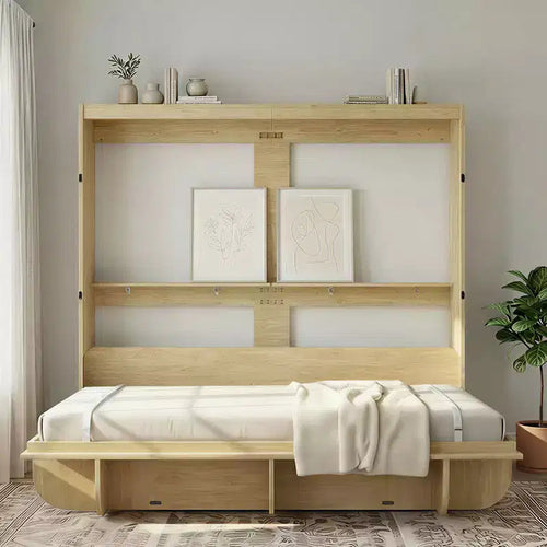 Lit escamotable 2-en-1 invisible Murphy avec étagères de rangement, Grand lit (Queen), Bois naturel (Matelas non inclus)