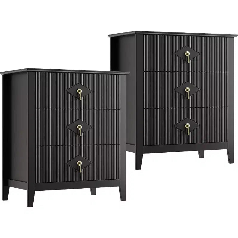 2 tables de chevet cannelées en bois, commode à 3 tiroirs de 69,85 cm de large, tables de nuit modernes, commode de chambre à coucher, salon