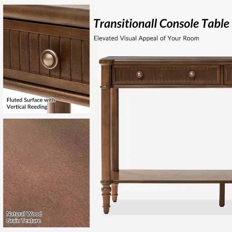 Console 47,2" en noyer avec 2 tiroirs cannelés et étagère inférieure