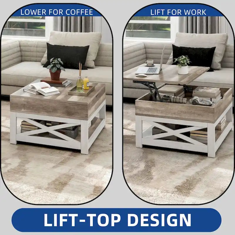 Table basse carrée à plateau relevable Moasis Farmhouse avec étagère de rangement pour salon