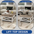 Table basse carrée à plateau relevable Moasis Farmhouse avec étagère de rangement pour salon