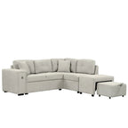 Canapé d'angle 4 places avec lit gigogne, pouf, ports USB et tablette rabattable