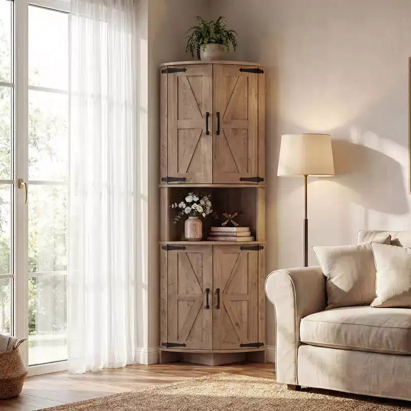 64,8" Meuble d'Angle Haut avec Portes, Armoire de Rangement d'Angle Marron Style Ferme, Meuble Garde-Manger d'Angle Autonome avec Étagères Réglables