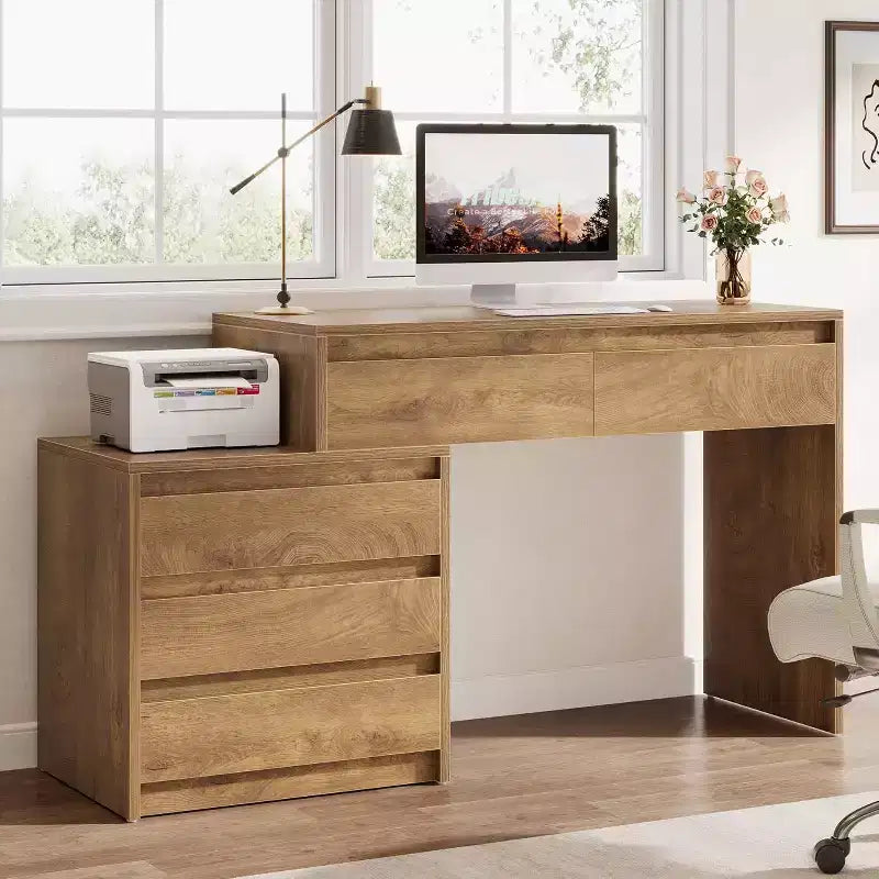 Bureau informatique Lantine avec 5 tiroirs, bureau de direction en bois avec meuble de classement et support pour imprimante pour bureau à domicile, petits espaces