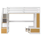Lit mezzanine pleine grandeur avec escalier et bureau, cadre de lits mezzanine en bois avec tiroirs de rangement et étagères pour adultes, adolescents et enfants