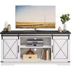 Meuble TV de style ferme pour téléviseurs jusqu'à 65 pouces, meuble de divertissement avec portes coulissantes de grange et armoires de rangement, console multimédia pour salon, chambre à coucher