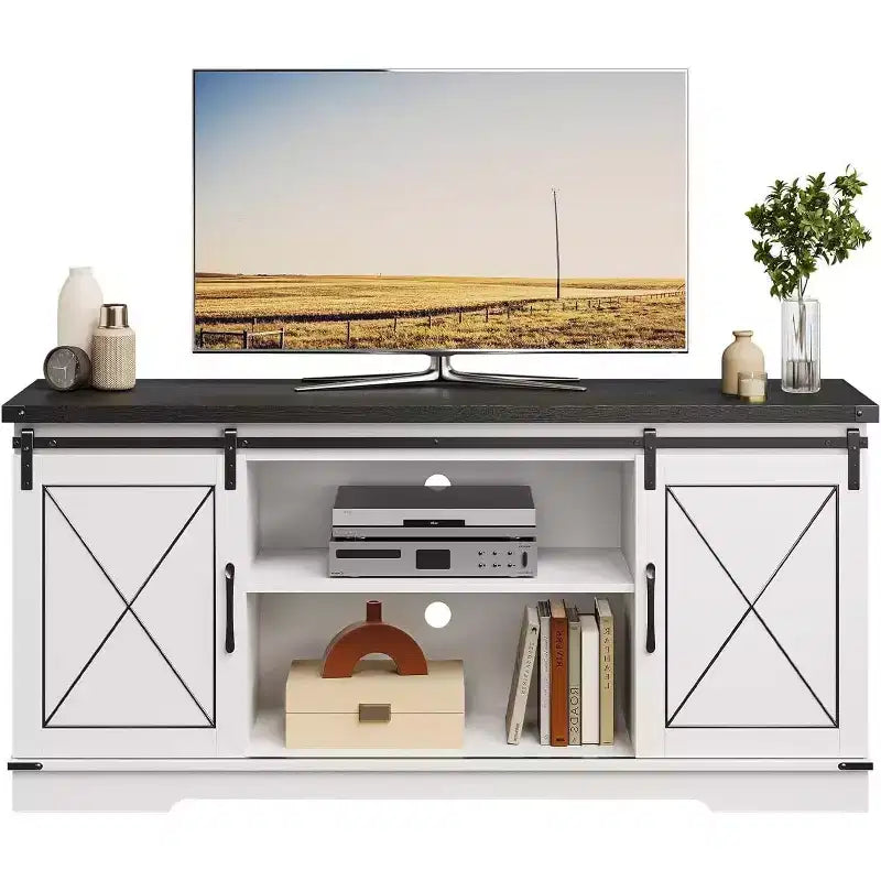 Meuble TV de style ferme pour téléviseurs jusqu'à 65 pouces, meuble de divertissement avec portes coulissantes de grange et armoires de rangement, console multimédia pour salon, chambre à coucher
