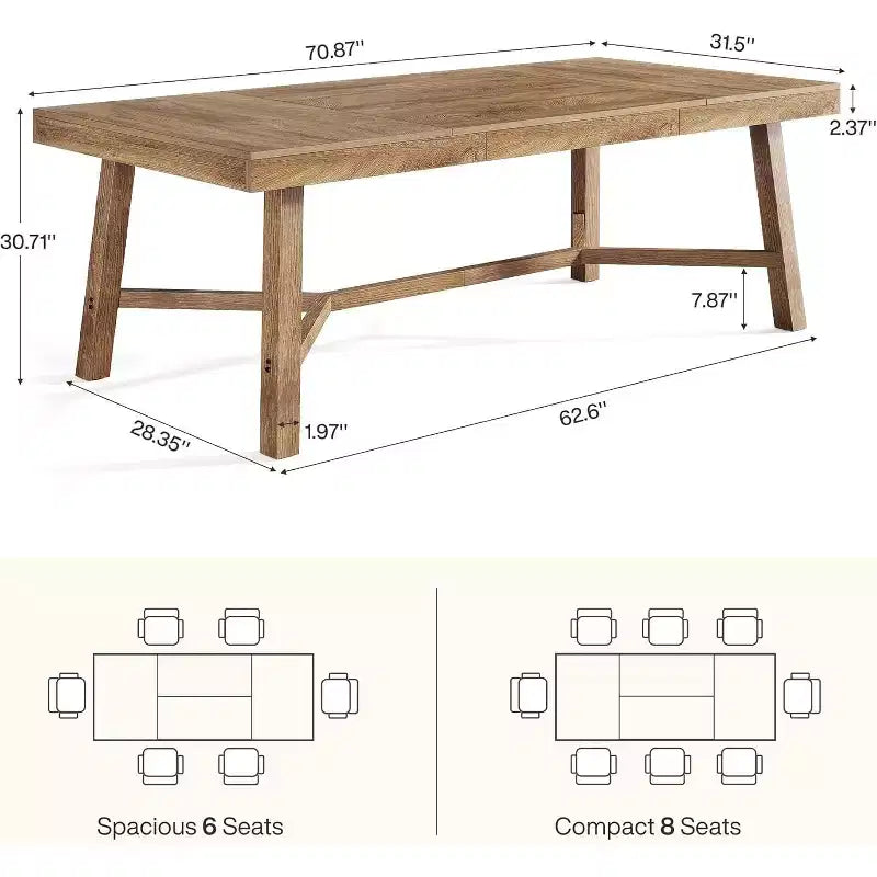 Table de salle à manger de ferme de 70,9 pouces pour 6-8 personnes, grande table de cuisine rectangulaire avec pieds renforcés, naturelle