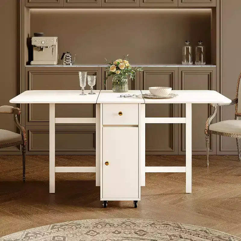 Table de salle à manger pliable ATJafurn 59 avec abattants pour petits espaces, table de cuisine rectangulaire en bois extensible avec roulettes et rangement