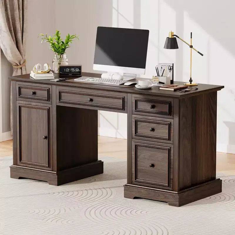 Dyonery 60 Bureau de direction de ferme avec tiroirs et classeur, bureau à domicile en bois texturé en relief, noir/marron/blanc et marron