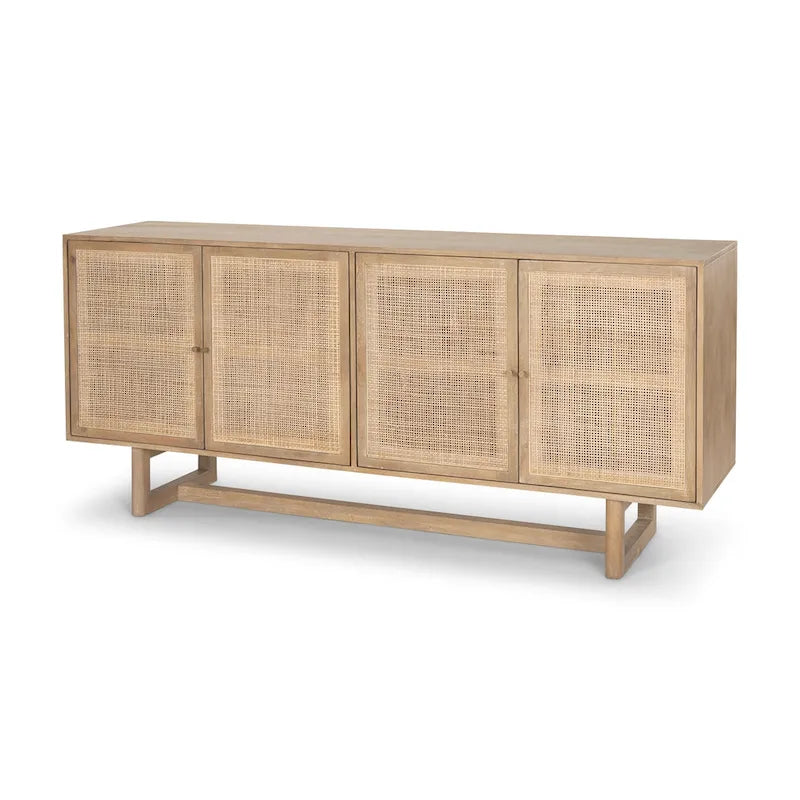 Grier Enfilade 4 portes en bois massif brun clair et cannage - 72,0L x 18,0l x 31,0H