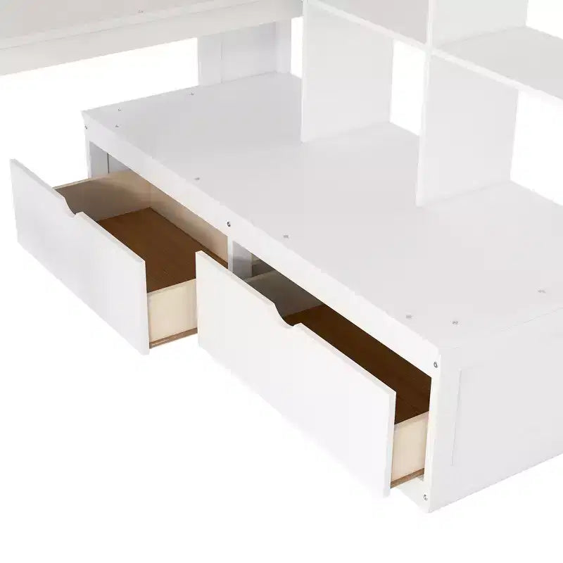 Lit mezzanine pleine grandeur avec escalier et bureau, cadre de lits mezzanine en bois avec tiroirs de rangement et étagères pour adultes, adolescents et enfants