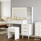 Coiffeuse cannelée de 122 cm avec miroir et lumières LED, station de charge, tabouret de rangement rembourré pour chambre à coucher