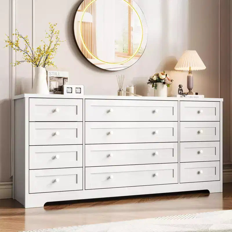 Commode 12 tiroirs en bois pour chambre à coucher, meuble TV large et moderne pour téléviseur 65 pouces, commode en bois, rangement de vêtements style ferme pour salon