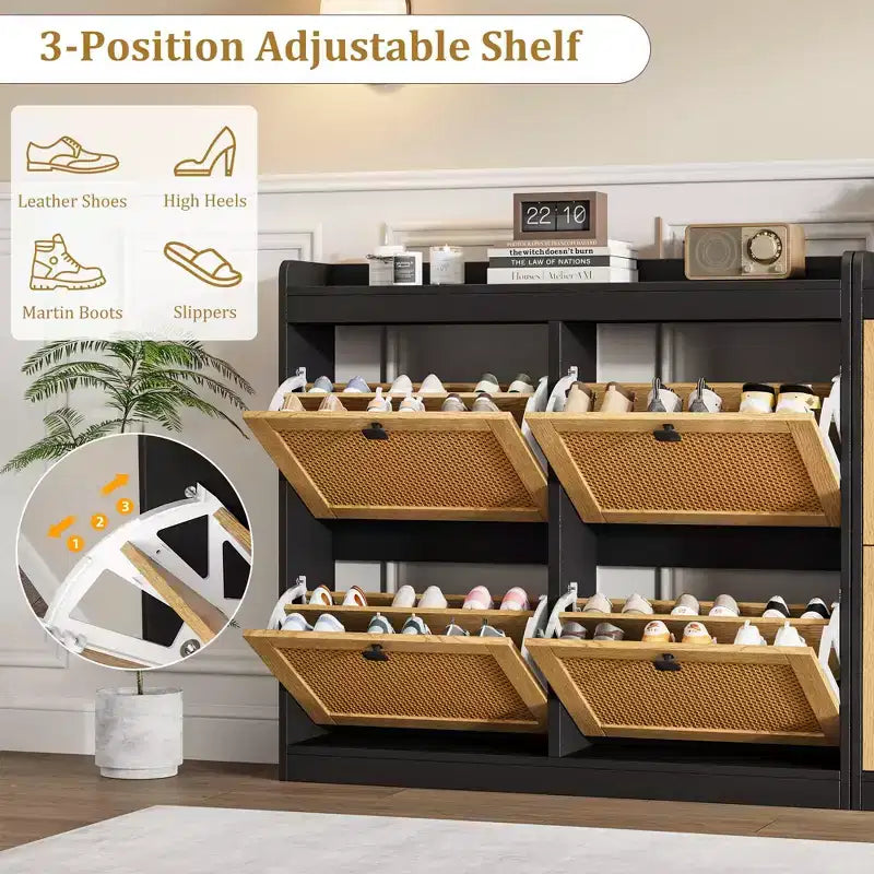 Meuble à Chaussures avec 4 Tiroirs Basculants, Meuble à Chaussures en Bois avec Portes en Rotin et Étagères Réglables - Organisateur de Chaussures Autonome