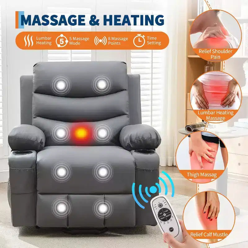 Fauteuil inclinable releveur avec massage et chauffage, fauteuils inclinables électriques surdimensionnés, siège de cinéma maison avec 2 porte-gobelets latéraux, fauteuil simple inclinable à bascule
