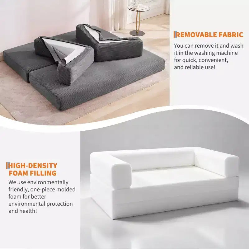 Canapé futon moderne en velours côtelé de 79 po pour petits espaces, canapé-lit convertible 5 en 1 avec accoudoirs et oreillers amovibles